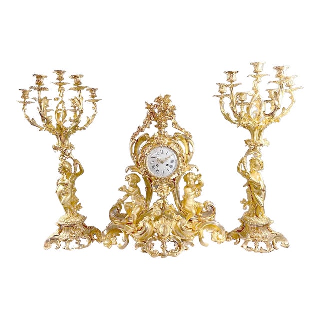 1840's French Louis XV Antique Clock & Candelabra Set in Bronze With
