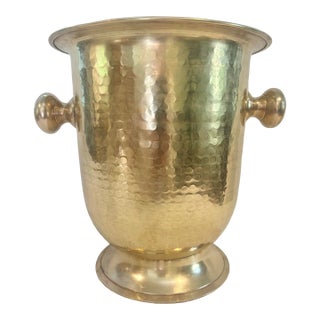Vintage Hammered Brass Wine Cooler With Knob Handles For Sale