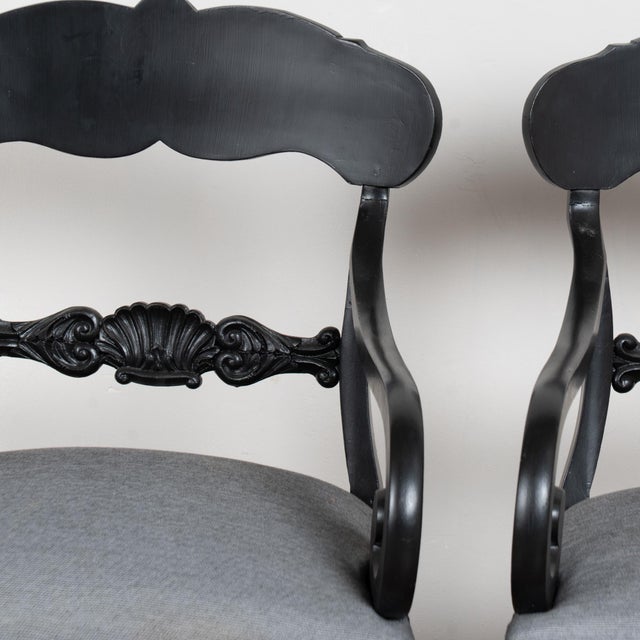 19th-Century Swedish Carved Pine Black Painted Armchairs For Sale - Image 4 of 14