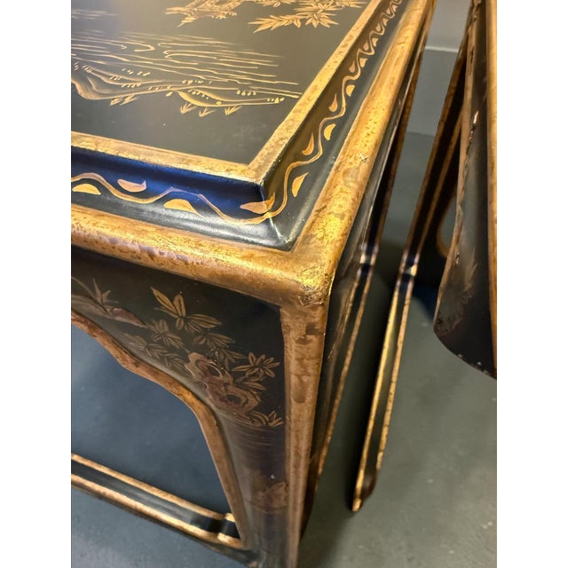 Pair of Chinoiserie Square Open Cube Black Gold Side Tables For Sale - Image 11 of 12
