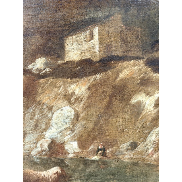 Wood 18th Century Dutch/ Flemish Italianate Pastoral River Landscape with Shepards For Sale - Image 7 of 18