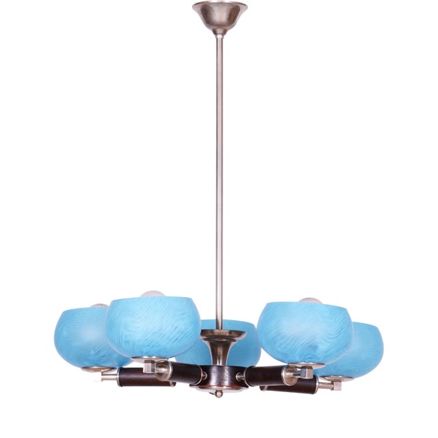 Art Deco Chandelier in Chrome-Plated Steel, Beech, and Glass, Czech, 1920s For Sale