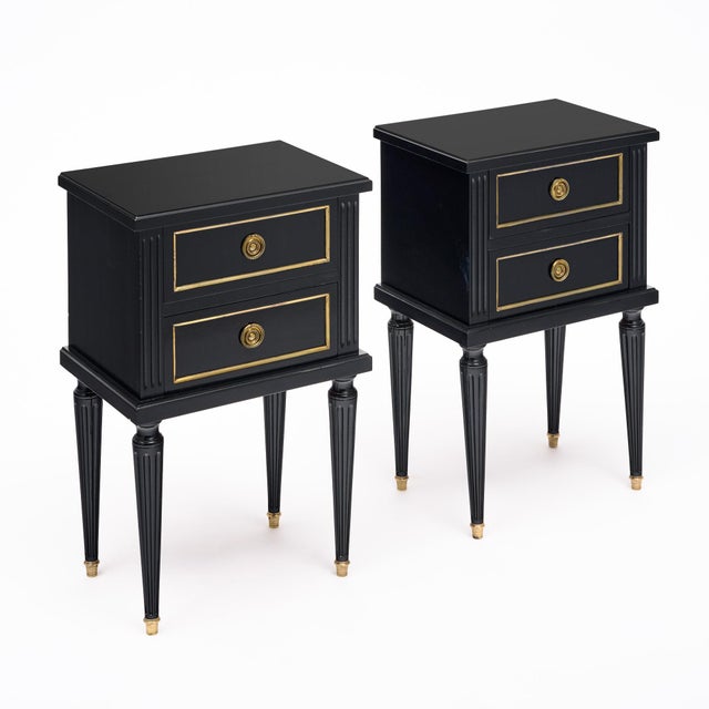French Pair of French Louis XVI Style Ebonized and Brass Two-Drawer Side Tables For Sale - Image 3 of 9