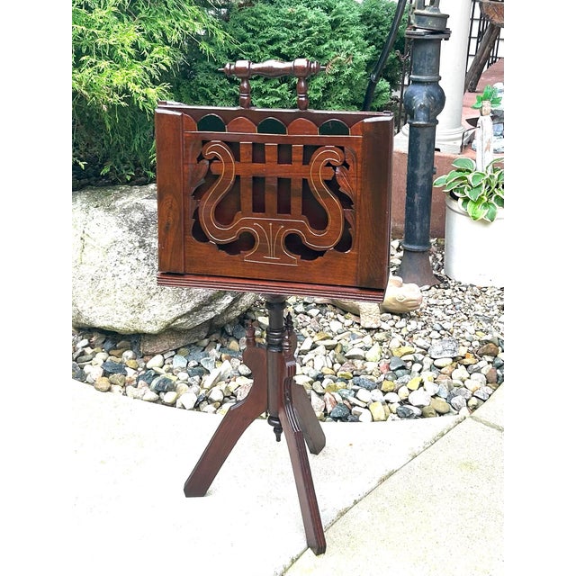 Antique Mahogany, Double-Sided, Rotating Magazine/Book/Sheet Music Carrier, With Intricately Carved Fretwork Panels, Turned Handle and a Tripod Column For Sale - Image 11 of 12