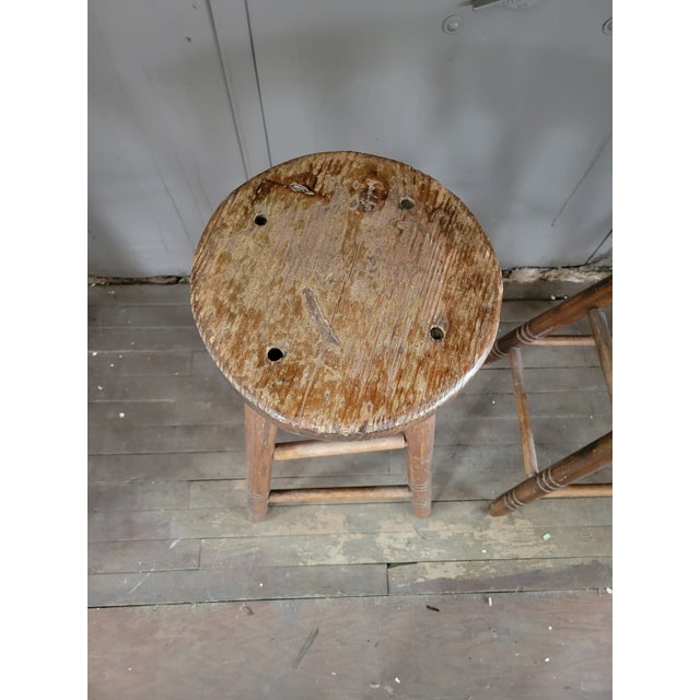 Wood Antique Primitive Wooden Pub Stools For Sale - Image 7 of 11