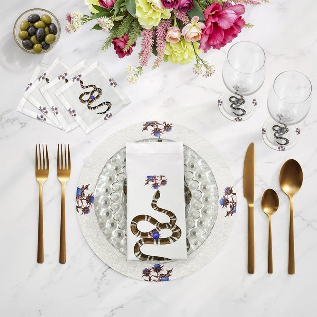 2020s Thistle And Snake Cotton Sateen Cocktail Napkins in Blue White, Set of 4 For Sale - Image 5 of 6
