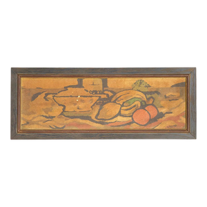 Vintage Still Life Painting - Fruit and Basket Landscape Scene