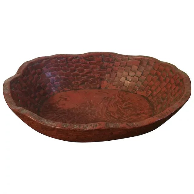 Antique Japanese Red Lacquer Carved Wood Basketweave Centerpiece Bowl For Sale - Image 13 of 13