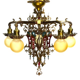 1910s Cast Brass Semi Flush Ceiling Light With Red and Blue Embellishments Circa 1915 For Sale