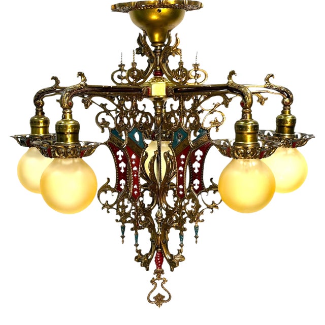 1910s Cast Brass Semi Flush Ceiling Light With Red and Blue Embellishments Circa 1915 For Sale