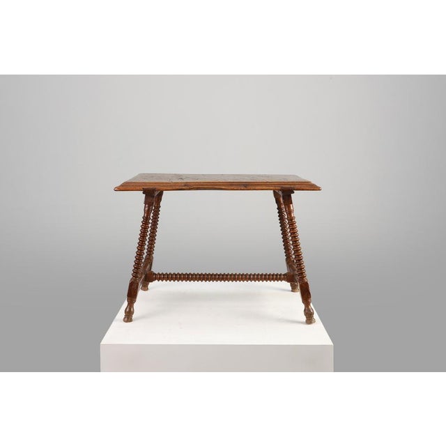 Antique 17th Century Oak Side Table with Turned Legs and Stretcher Base, Spain For Sale - Image 6 of 14