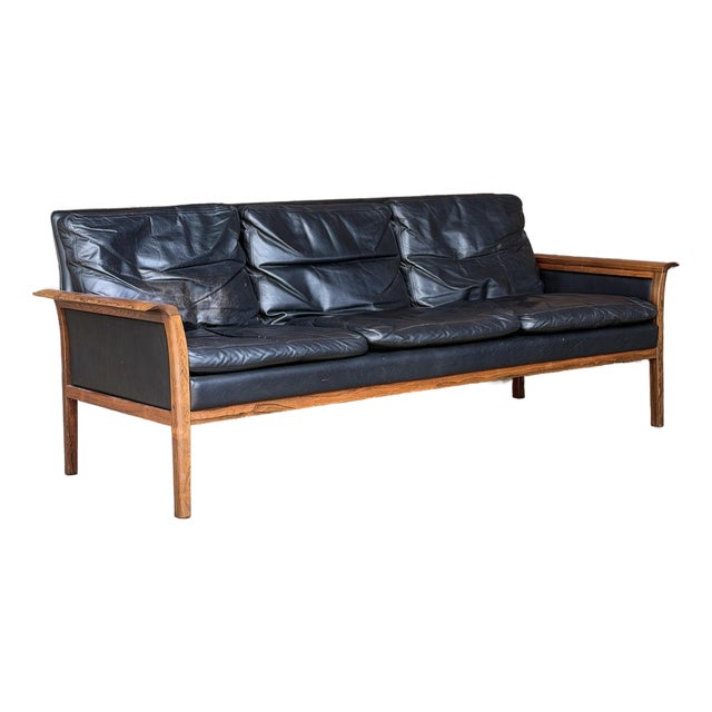 Knud Saeter for Vatne Leather and Rosewood Three Seat Sofa For Sale
