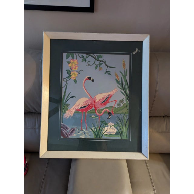 Paint 1970s Vintage Painting of Vibrant Pink Flamingos, Framed For Sale - Image 7 of 8