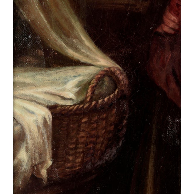 Early 20th Century Woman With Two Children in Red - Dutch Style Interior Scene in Oil on Canvas by Joseph Tomanek For Sale - Image 5 of 9