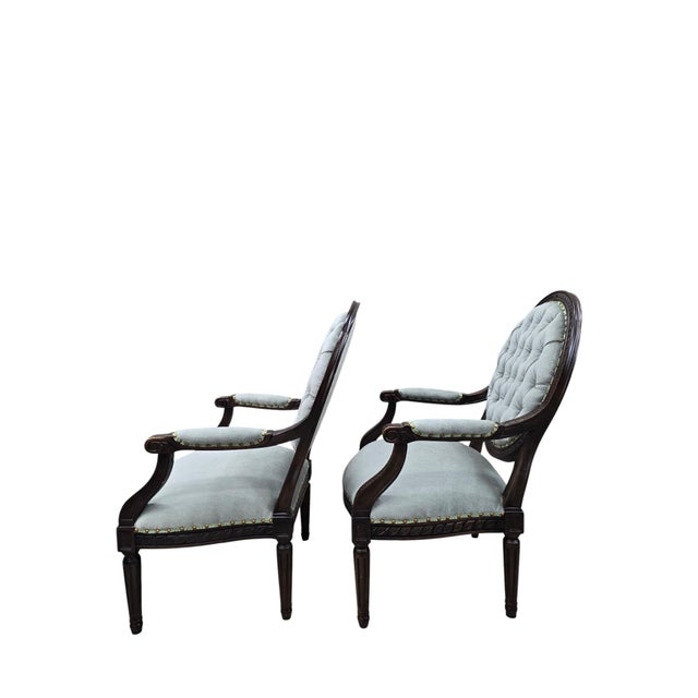 French Vintage Louis XVI Style Medallion Back Armchairs Newly Reupholstered - Pair For Sale - Image 3 of 12