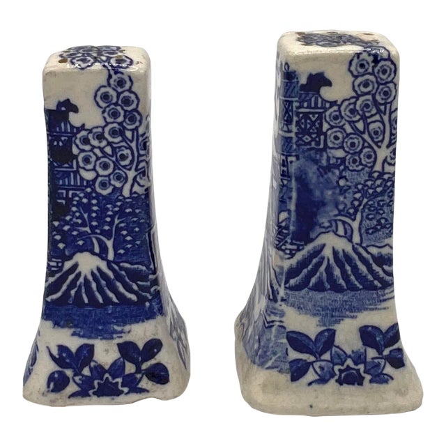 Vintage Blue and White Ceramic Salt and Pepper Shakers, Stamped "Blue Willow" Japan For Sale