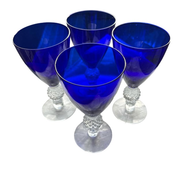 Vintage Morgantown Glass Ritz Blue Cobalt Golf Ball Tumbler, Wine Glass, Water Goblet, Goblet Stems - Set of 4 For Sale