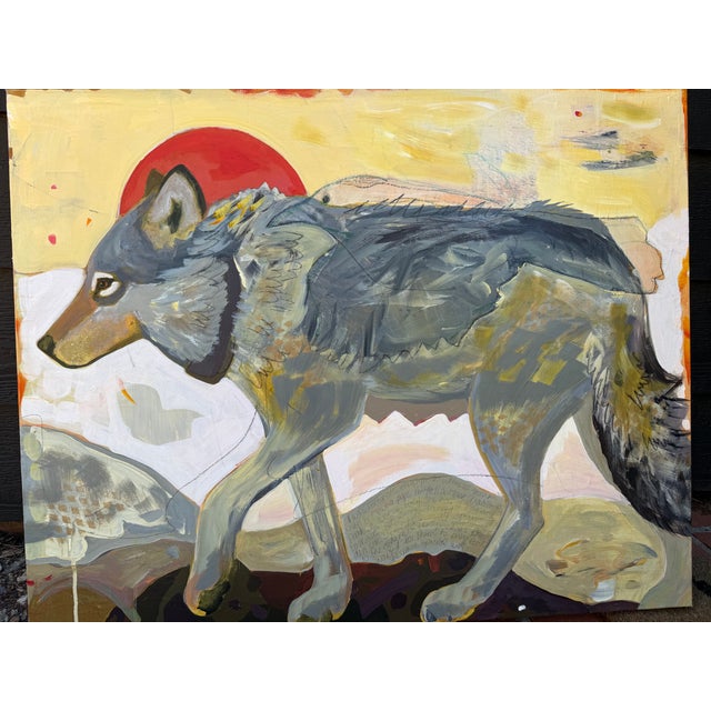 This 30" x 24" painting displays a mother wolf heading back to the den with the spirit raven flying alongside her. It is...
