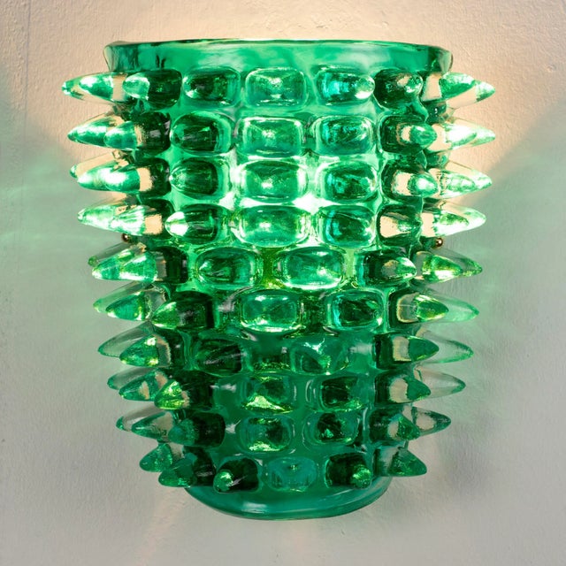 Large Green Murano Glass Wall Lamps with Spikes and Gold Finish Frames, 1990s, Set of 2 For Sale - Image 9 of 12