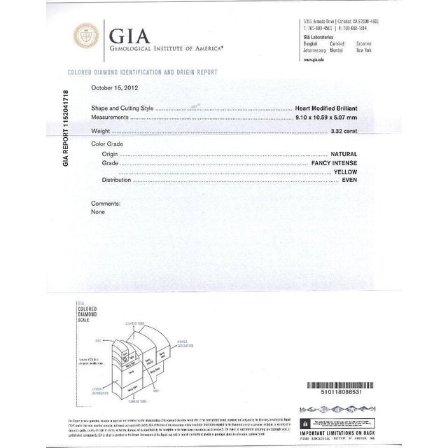Metal Gia Certified 3.32 Carat Fancy Intense Yellow Heart Cut Diamond Engagement Ring Size 6 For Sale - Image 7 of 8