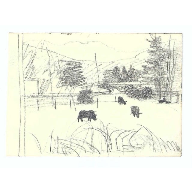 Drawing of a mountain farm with cows on paper by Robert Henry Angeloch (1922-2011). Signed with intials RA and dated on...
