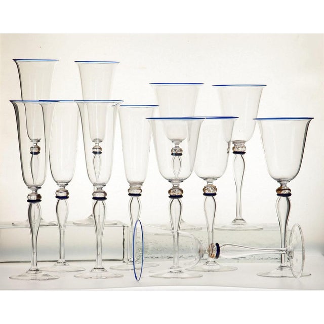 Stemmed Flute Glasses in Murano Glass with Cobalt and Gold Accents by Cenedese, 1980s, Set of 6 For Sale - Image 12 of 18