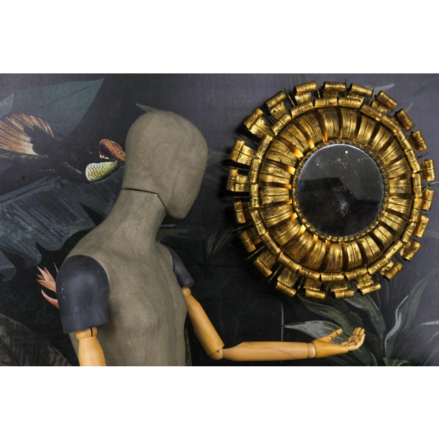 Large Sunburst Gilt Wrought Iron Wall Lamp with Mirror, Spain, 1950s For Sale - Image 6 of 18