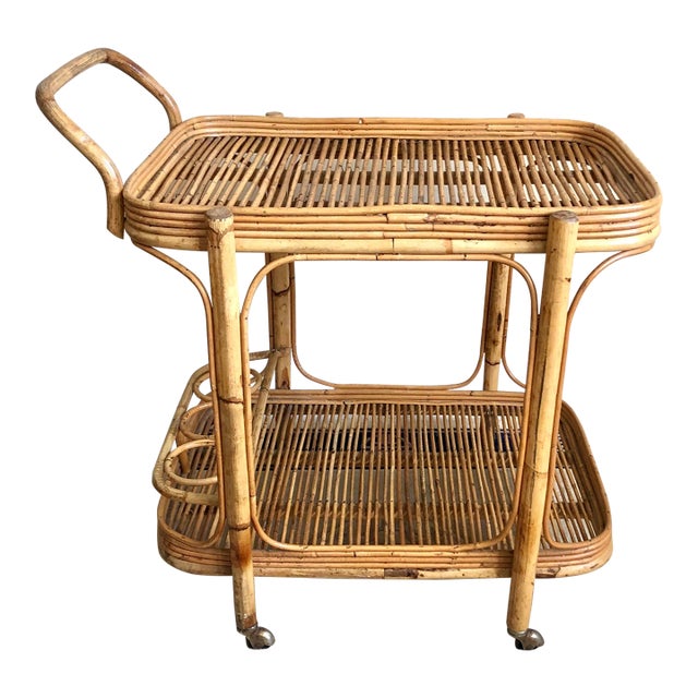 Mid Century Pencil Reed Rattan Bar Cart For Sale