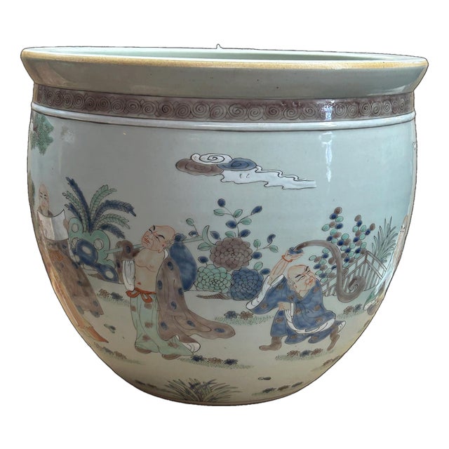 Vintage Oriental 18 Arhats Graphic Porcelain Round Pot Planter For Sale
