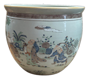 Vintage Oriental 18 Arhats Graphic Porcelain Round Pot Planter