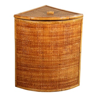 Vintage Bamboo & Rattan Wicker Corner Hamper Laundry Basket For Sale