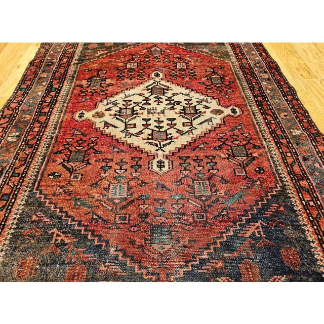 Vintage Persian Hamadan Rug, Hand-Knotted Wool, Geometric Medallion Pattern, Moss Green & Red, 4x7 For Sale - Image 16 of 18