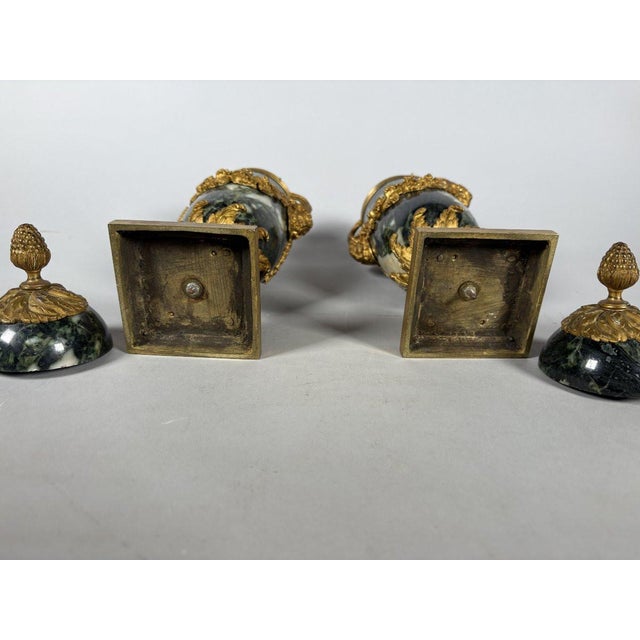 Pair of Louis XVI style green marble and gilt bronze cassolettes For Sale - Image 4 of 5