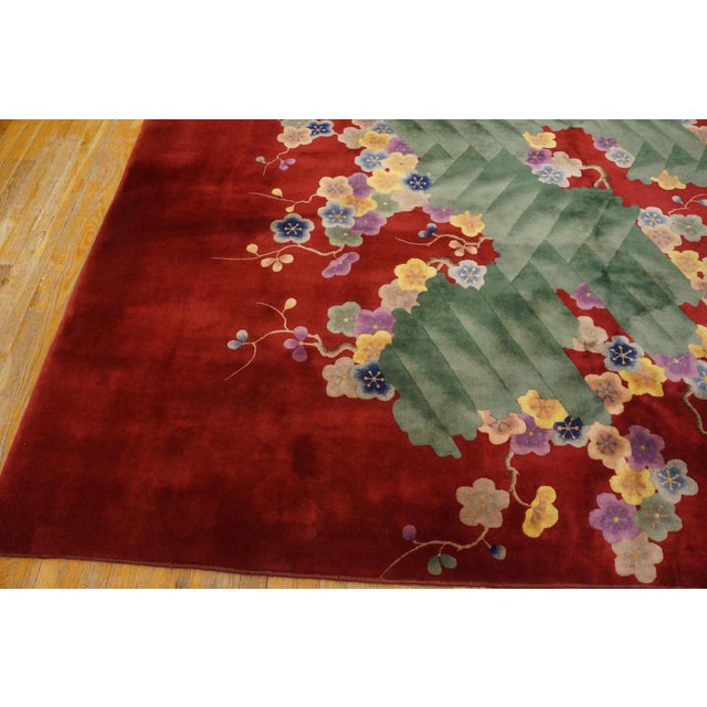 Early 20th Century 1920s Red Claret Abstract Floral Antique Chinese Art Deco Rug 10'x17' 6" Handknotted Wool Carpet For Sale - Image 5 of 5