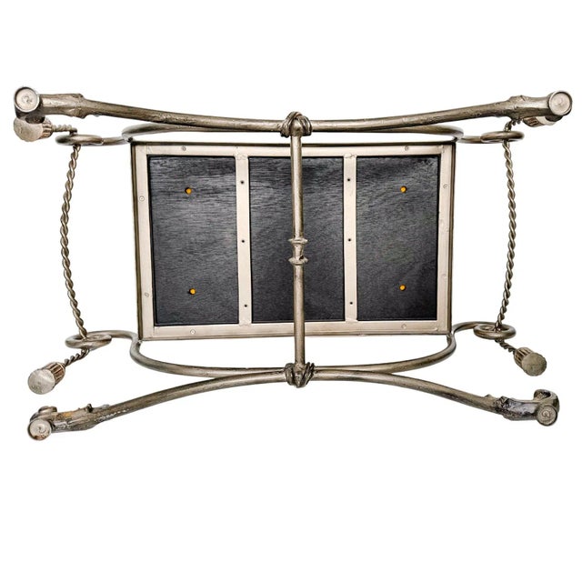 Vintage Gray Steel Bench With Gold Tassels and Leather Seat For Sale - Image 10 of 11
