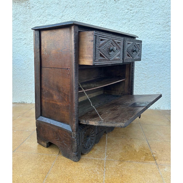Spanish Renaissance Carved Cabinet with Drop-Front Door and Two Drawers, 1880s For Sale - Image 12 of 17