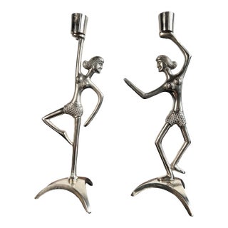 Mid Century Modern Hawaiian Tiki Girl Figural Aluminum Candlesticks - a Pair For Sale