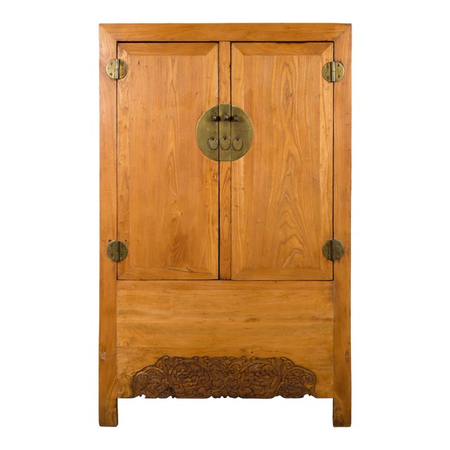 Chinese Vintage Elmwood Wedding Cabinet with Carved Apron and Hidden Drawers For Sale