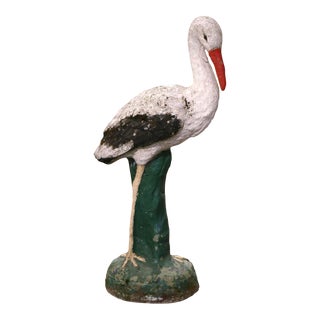 19th Century French Concrete Weathered Painted Crane Bird Garden Sculpture For Sale
