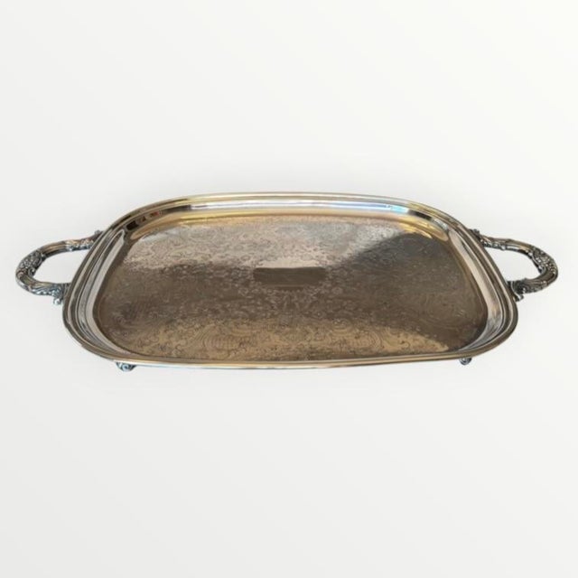 Vintage Silver Plate Large Butler's Buffet Tray With Handles and Feet For Sale - Image 4 of 18