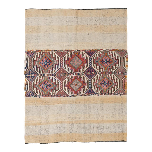 Embroidered Turkish Vintage Kilim Rug - 5`0″ X 6`1″ For Sale
