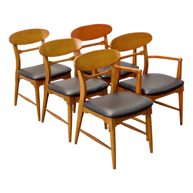 1950s Attributed Lane “Copenhagen” Set of 5 Walnut Dining Chairs For Sale