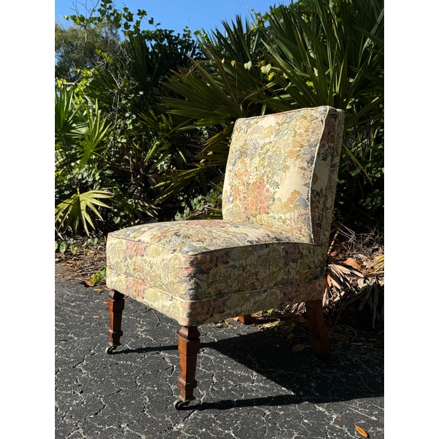 English Vintage Floral Upholstered Slipper Chair | Armless Accent Chair With Carved Wood Legs For Sale - Image 3 of 11