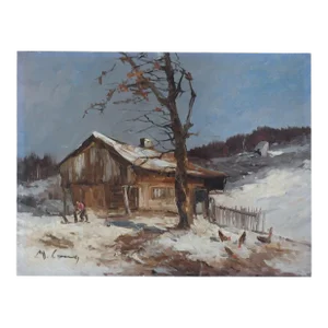 Vintage Impressionist Rustic Snowy Winter Cabin Painting