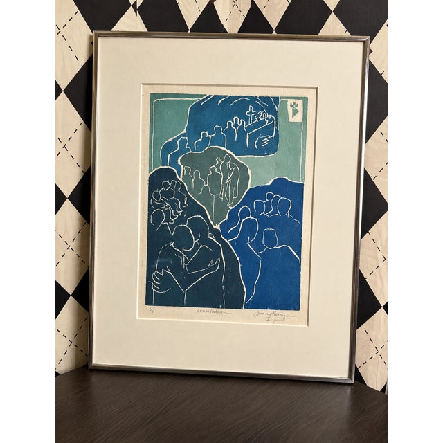 Blue Signed Modernist Figurative Expressionist Relief Imp. Print in Blue & Green, Numbered 1/5 by Lorraine Kreimeyer For Sale - Image 8 of 9