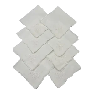 Vintage Scalloped Edge White Dinner Napkins - Set of 8