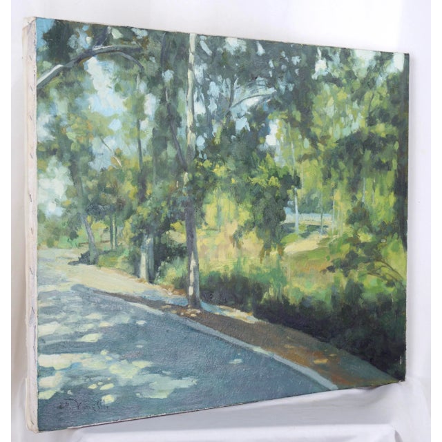 Serene depiction of a wooded park by Gholam Yunessi (Iranian, 20th Century). This composition shows a sidewalk along a...