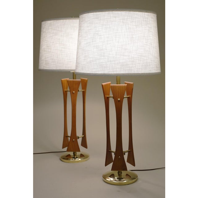 1950s Pair of Atomic Danish Modern Walnut Brass Architectural Large Table Lamps 1950s Modeline For Sale - Image 5 of 8