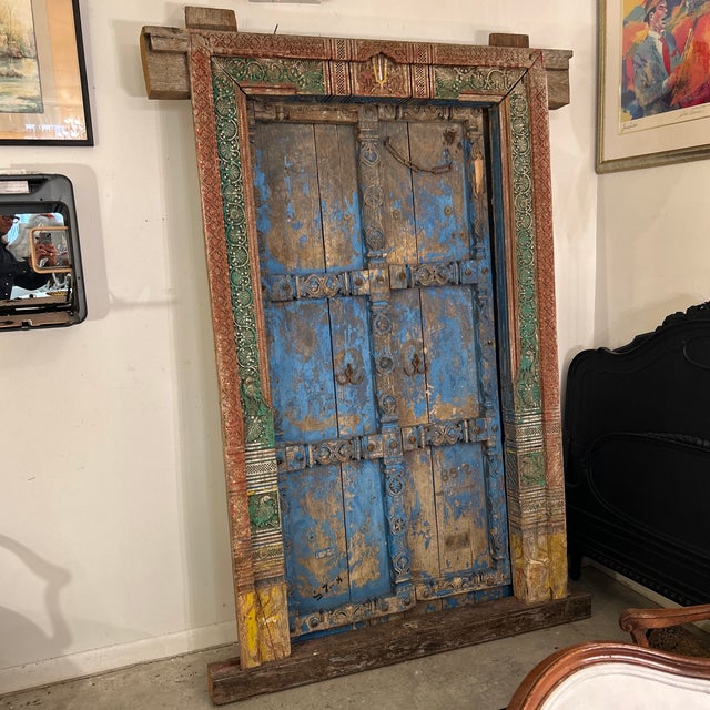 Antique Hand Carved Weathered Indian Teak Palace Entrance Door For Sale - Image 9 of 12