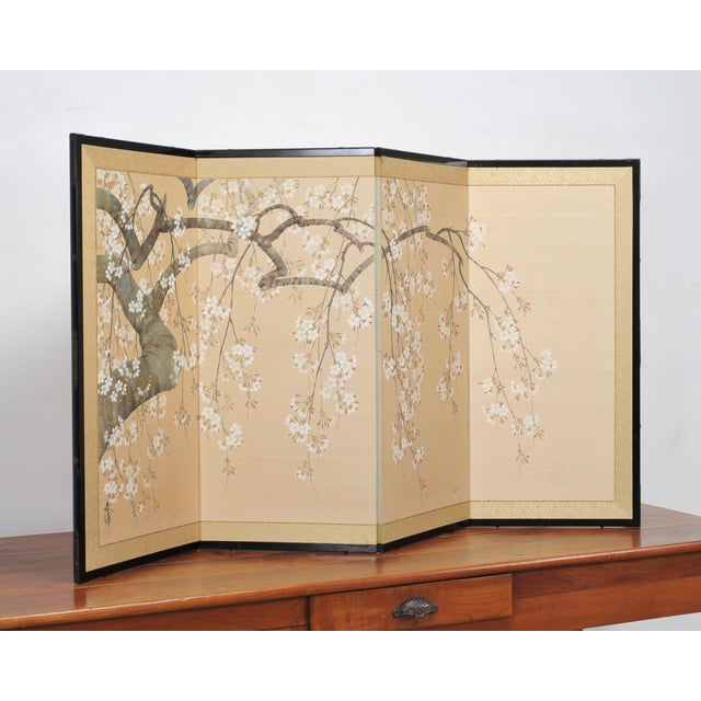 Japanese Showa Four Panel Screen Flowering Cherry Blossom For Sale - Image 15 of 18